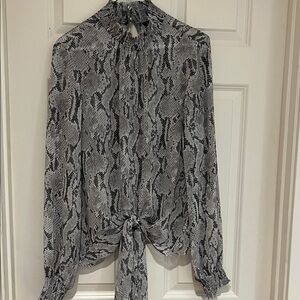 Express Gray Snake-Print Sheer Tie Front Blouse